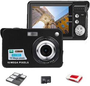 edealz 18mp megapixel digital camera kit with 2.7" lcd screen, rechargeable battery, 32gb sd card, card holder, card reader, hd photo & video for indoor, outdoor photography for adults, kids (black)
