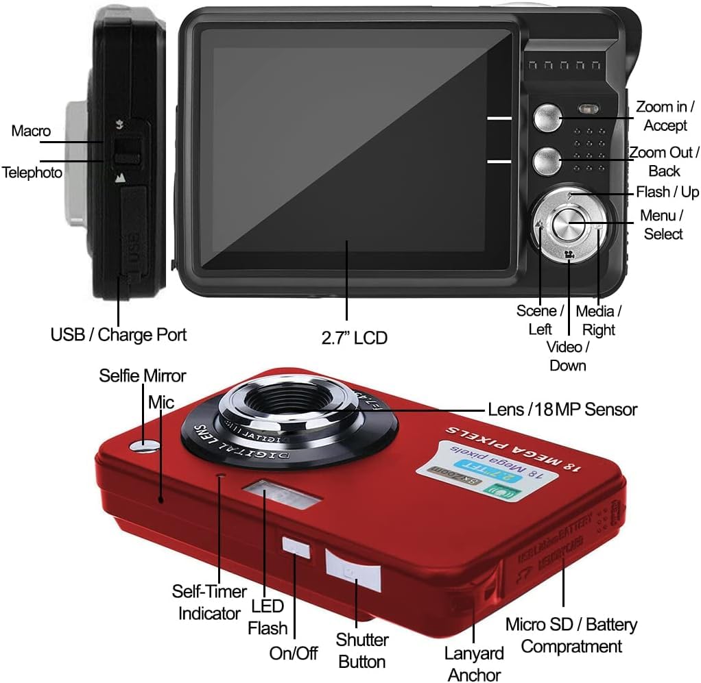 eDealz 18MP Megapixel Digital Camera Kit with 2.7" LCD Screen, Rechargeable Battery, 32GB SD Card, Card Holder, Card Reader, HD Photo & Video for Indoor, Outdoor Photography for Adults, Kids (Red)