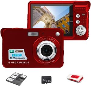 edealz 18mp megapixel digital camera kit with 2.7" lcd screen, rechargeable battery, 32gb sd card, card holder, card reader, hd photo & video for indoor, outdoor photography for adults, kids (red)