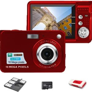 eDealz 18MP Megapixel Digital Camera Kit with 2.7" LCD Screen, Rechargeable Battery, 32GB SD Card, Card Holder, Card Reader, HD Photo & Video for Indoor, Outdoor Photography for Adults, Kids (Red)