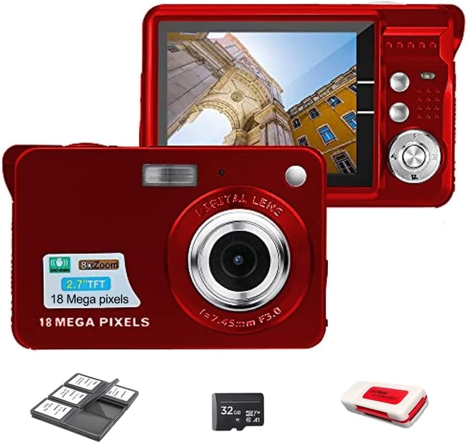 eDealz 18MP Megapixel Digital Camera Kit with 2.7" LCD Screen, Rechargeable Battery, 32GB SD Card, Card Holder, Card Reader, HD Photo & Video for Indoor, Outdoor Photography for Adults, Kids (Red)