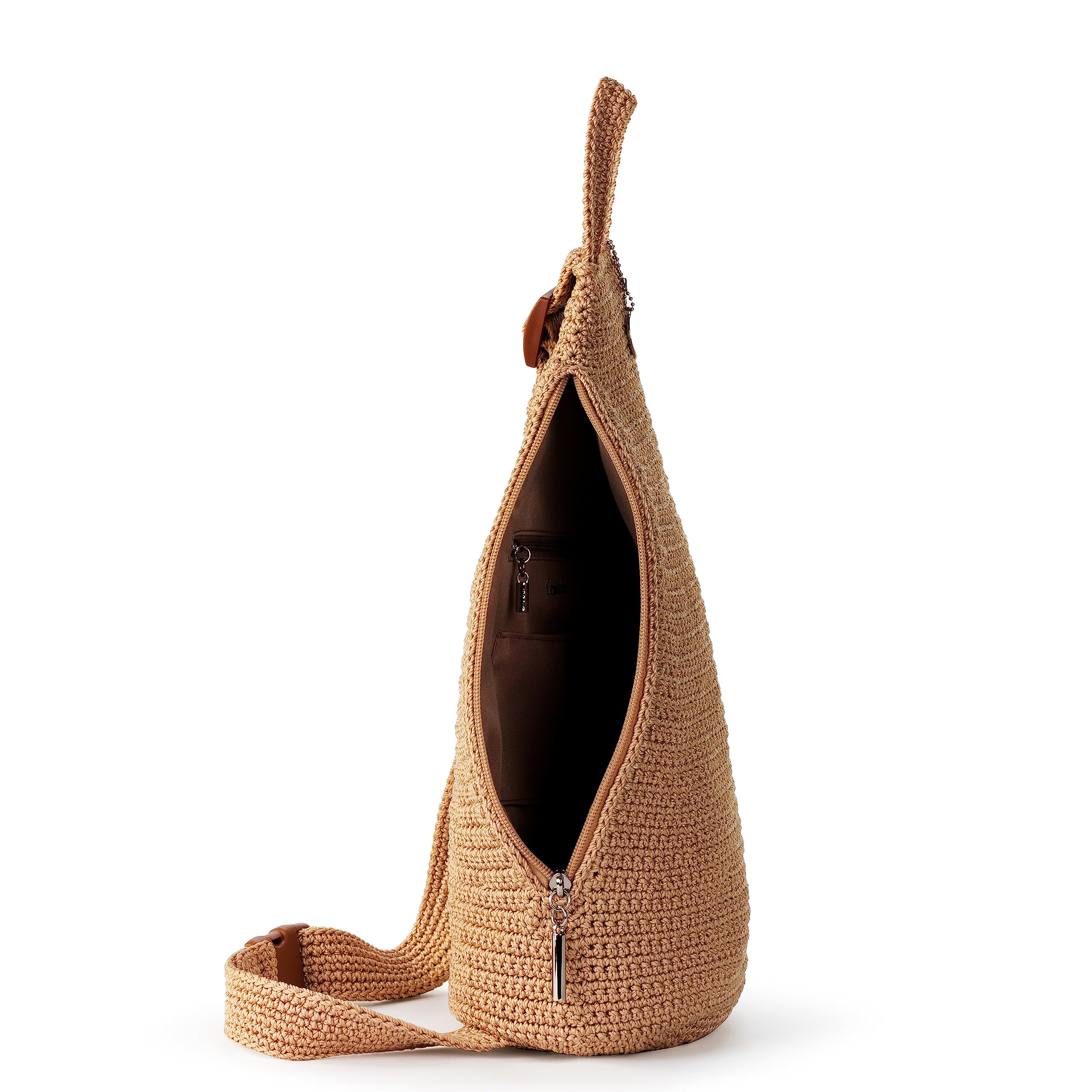 The Sak Geo Sling Backpack in Crochet, Single Sling Shoulder Strap, Bamboo