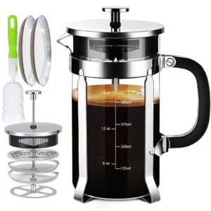 ymmind french press coffee maker 304 stainless steel coffee press,with 4 filters system, heat resistant thickness borosilicate french press glass, bpa-free brewed tea pot coffee plunger