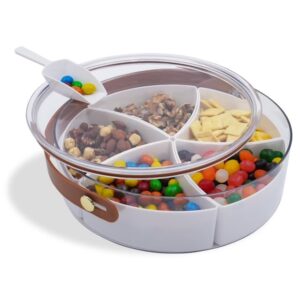 divided snack tray with lid, serving tray with handle, 5 compartments, mini-scooper included,storage container for nuts, candy, veggies and fruit