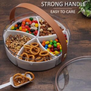 Divided Snack Tray with lid, Serving Tray with Handle, 5 compartments, Mini-scooper included,Storage Container for Nuts, Candy, Veggies and Fruit