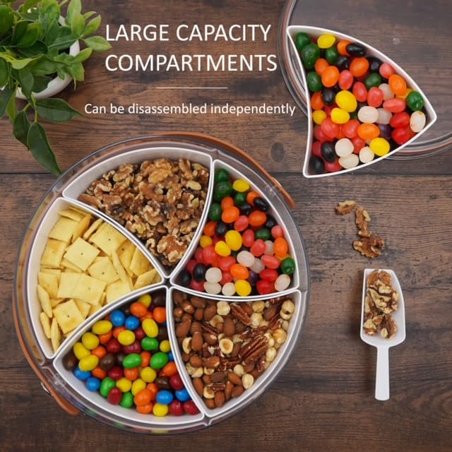 Divided Snack Tray with lid, Serving Tray with Handle, 5 compartments, Mini-scooper included,Storage Container for Nuts, Candy, Veggies and Fruit
