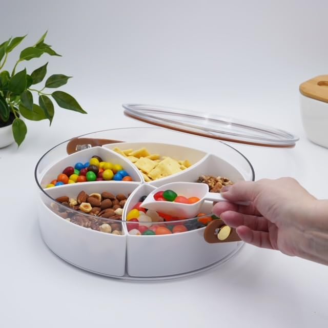 Divided Snack Tray with lid, Serving Tray with Handle, 5 compartments, Mini-scooper included,Storage Container for Nuts, Candy, Veggies and Fruit