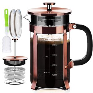 ymmind french press coffee maker 304 stainless steel coffee press,with 4 filters system, heat resistant thickness borosilicate french press glass, bpa-free brewed tea pot coffee plunger