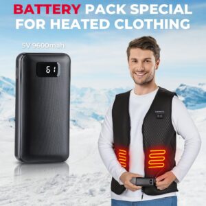 KEMIMOTO 5V 2A Power Bank for Heated Vest,Heated Vest Battery Pack,9600mAh Ultra-Compact Power Bank for Heated Jackets,Pants,Hoodies