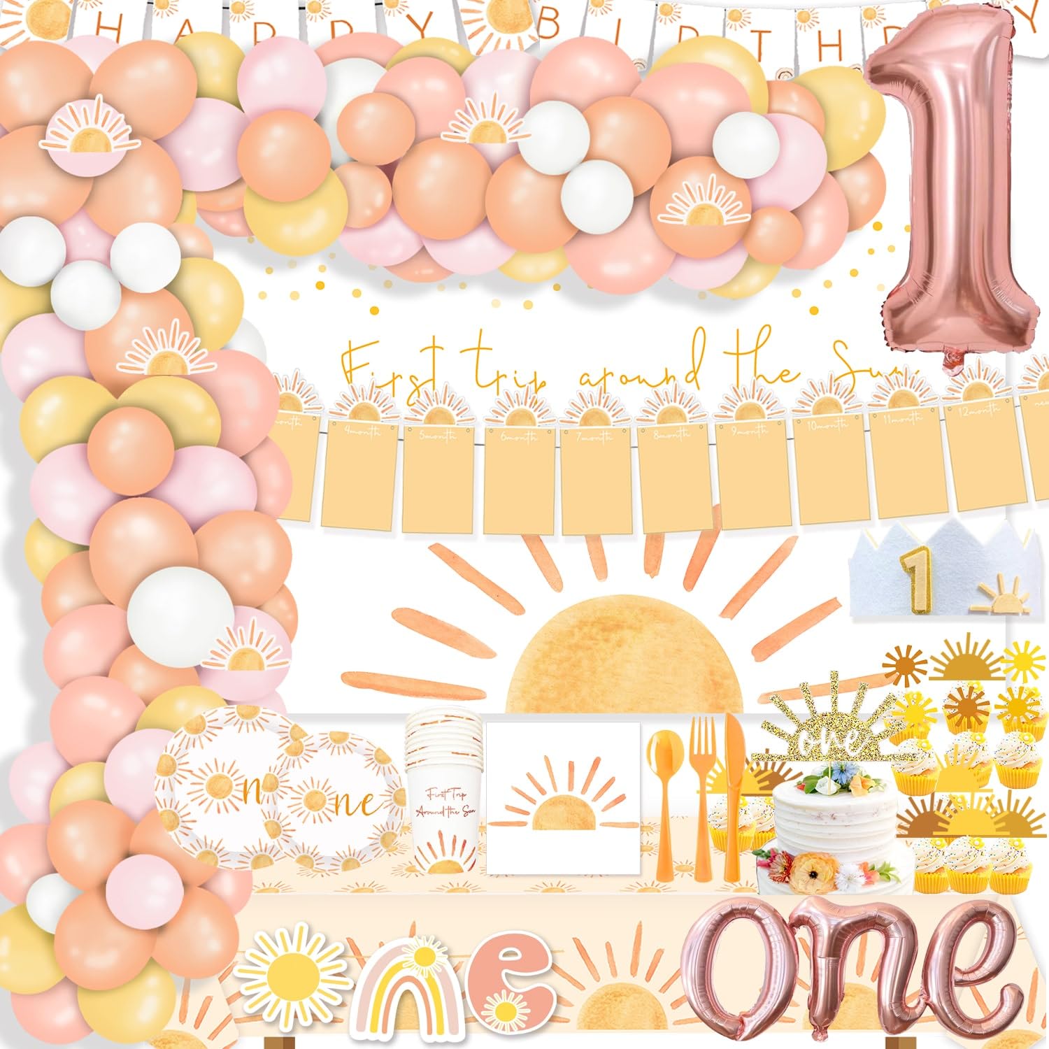 First Trip Around the Sun Birthday 12 Month Photo Banner Boho Sun 1st Birthday Decorations Party Supplies Sunshine First Birthday Decor for Baby Boys Girls Bday