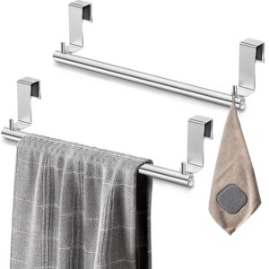 vehhe kitchen towel rack-2pcs, 12.7-inches, over the door towel holder with eva foam pads, kitchen towel holder with 2 hooks, stainless steel towel holder for kitchen cabinet (silver)