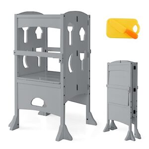 honey joy kitchen step stool for toddlers, children wooden standing tower w/safety rail, extra kitchen toys, montessori foldable kids learning tower for kitchen counter(gray)