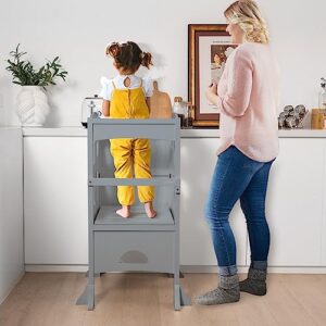 HONEY JOY Kitchen Step Stool for Toddlers, Children Wooden Standing Tower w/Safety Rail, Extra Kitchen Toys, Montessori Foldable Kids Learning Tower for Kitchen Counter(Gray)