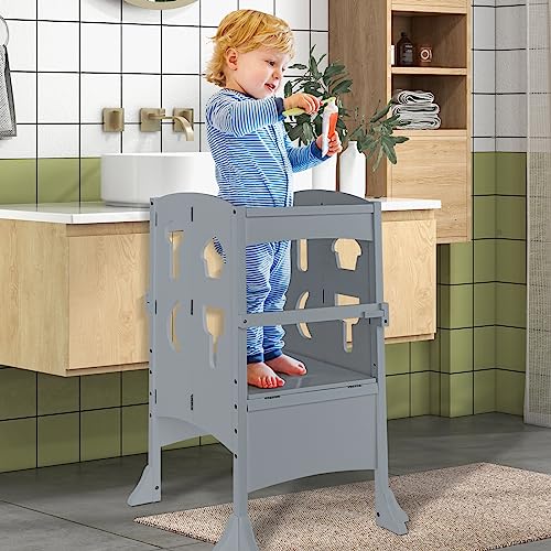 HONEY JOY Kitchen Step Stool for Toddlers, Children Wooden Standing Tower w/Safety Rail, Extra Kitchen Toys, Montessori Foldable Kids Learning Tower for Kitchen Counter(Gray)