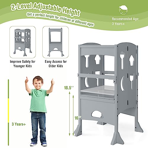 HONEY JOY Kitchen Step Stool for Toddlers, Children Wooden Standing Tower w/Safety Rail, Extra Kitchen Toys, Montessori Foldable Kids Learning Tower for Kitchen Counter(Gray)