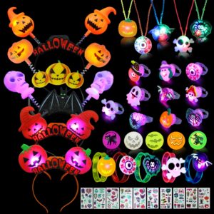fabeto light up glow party favors 40 pack halloween toys trick or treats goodie bag filler party supplies for kids adults, 5 led pumpkin headbands 5 bracelets 5 necklaces 5 balls 10 stickers