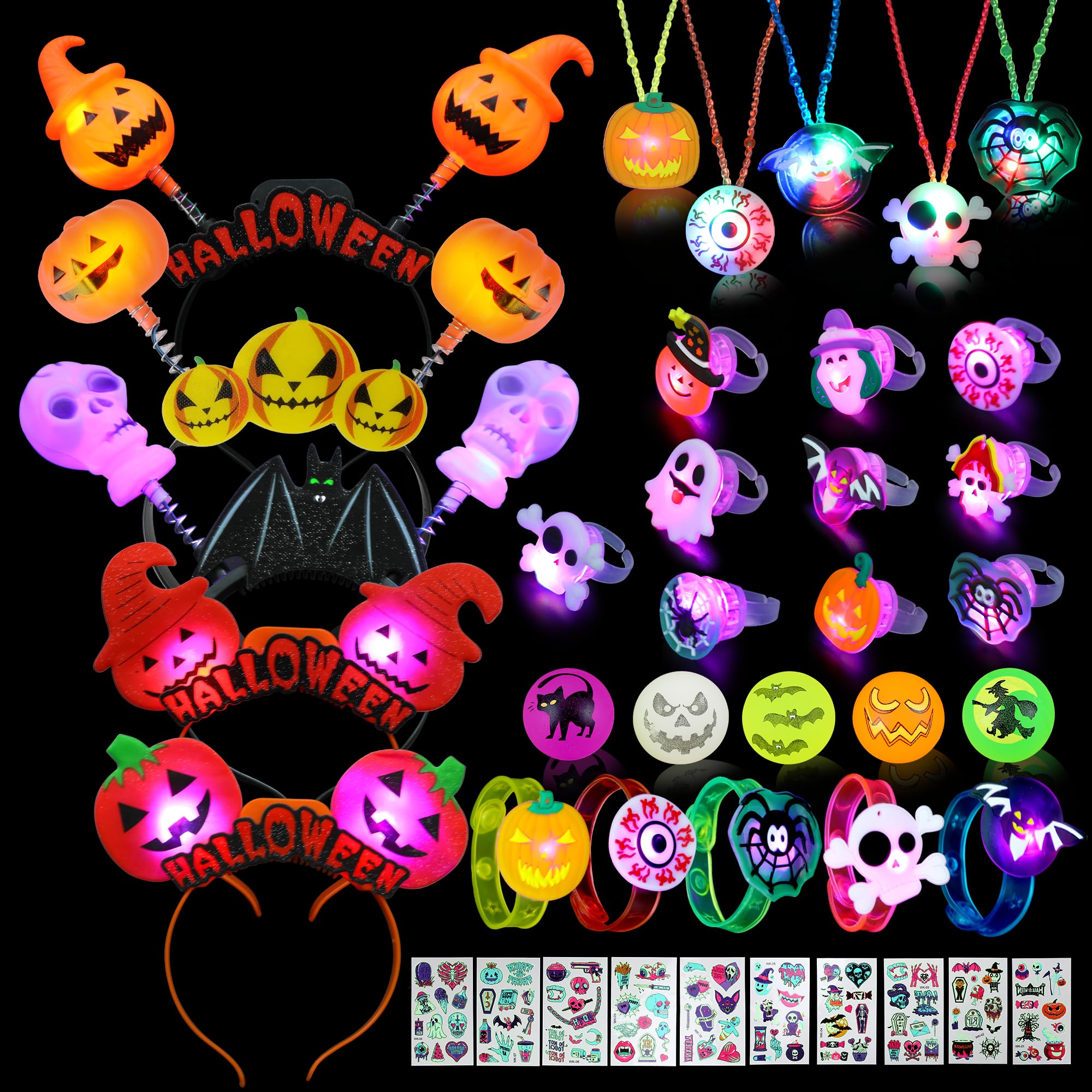 Fabeto Light Up Glow Party Favors 40 Pack Halloween Toys Trick or Treats Goodie Bag Filler Party Supplies for Kids Adults, 5 LED Pumpkin Headbands 5 Bracelets 5 Necklaces 5 Balls 10 Stickers