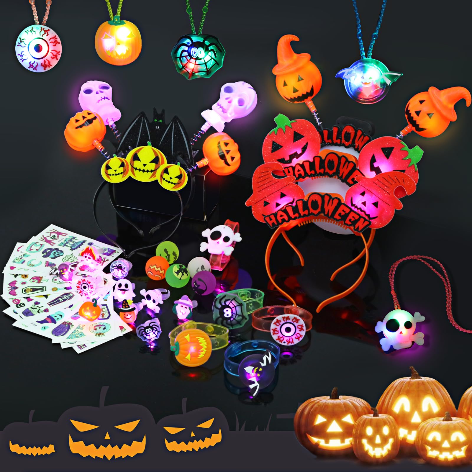 Fabeto Light Up Glow Party Favors 40 Pack Halloween Toys Trick or Treats Goodie Bag Filler Party Supplies for Kids Adults, 5 LED Pumpkin Headbands 5 Bracelets 5 Necklaces 5 Balls 10 Stickers