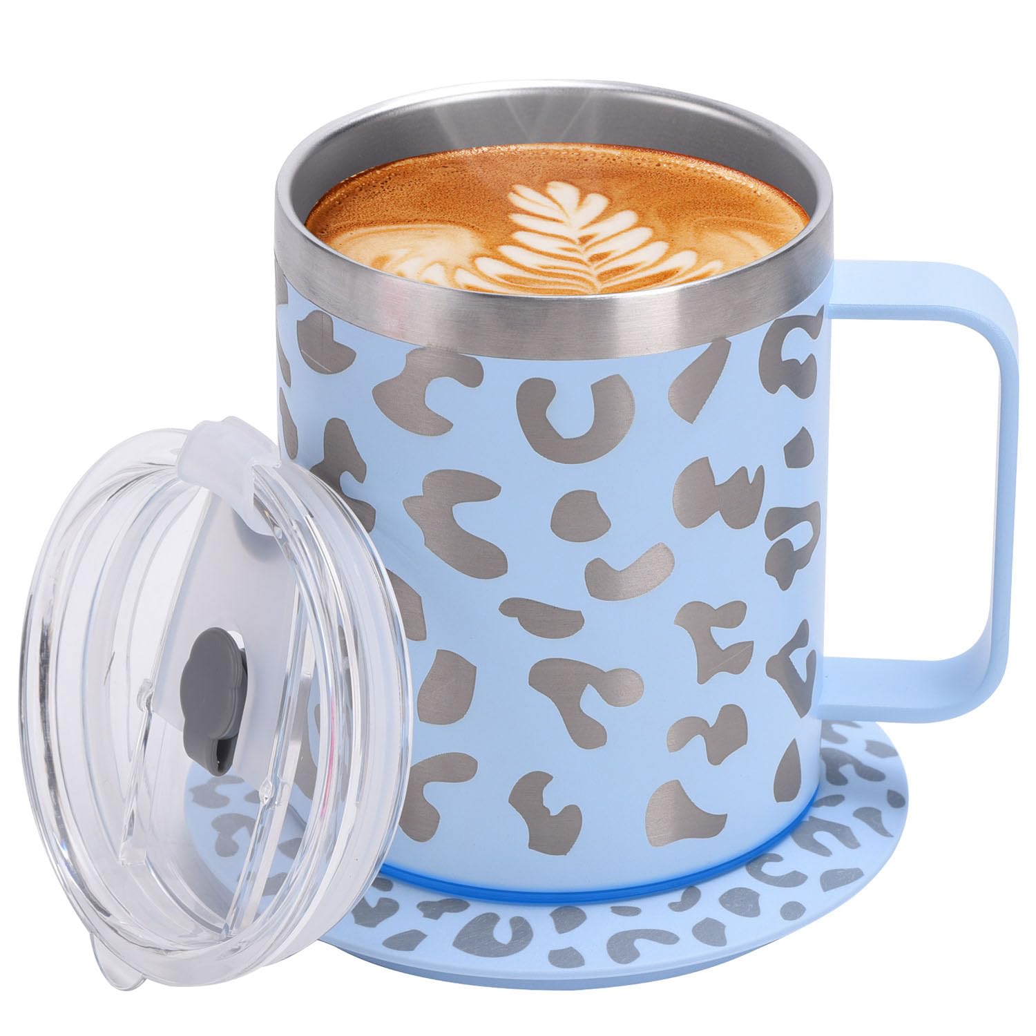 Coffee Mug Warmer with Cup Included,350ml/12oz Stainless Steel Heated Mug,Self-Heating Coffee Mug for Desk,131℉ Coffee Beverage Cup Warmer Set,Appreciation Gifts (Blue & Leopard Print)