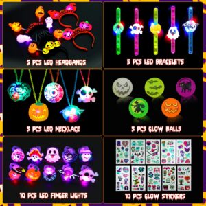 Fabeto Light Up Glow Party Favors 40 Pack Halloween Toys Trick or Treats Goodie Bag Filler Party Supplies for Kids Adults, 5 LED Pumpkin Headbands 5 Bracelets 5 Necklaces 5 Balls 10 Stickers