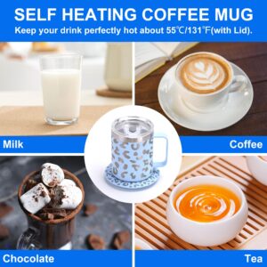 Coffee Mug Warmer with Cup Included,350ml/12oz Stainless Steel Heated Mug,Self-Heating Coffee Mug for Desk,131℉ Coffee Beverage Cup Warmer Set,Appreciation Gifts (Blue & Leopard Print)