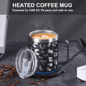 Coffee Mug Warmer with Cup Included,350ml/12oz Stainless Steel Heated Mug,Self-Heating Coffee Mug for Desk,131℉ Coffee Beverage Cup Warmer Set,Appreciation Gifts (Blue & Leopard Print)