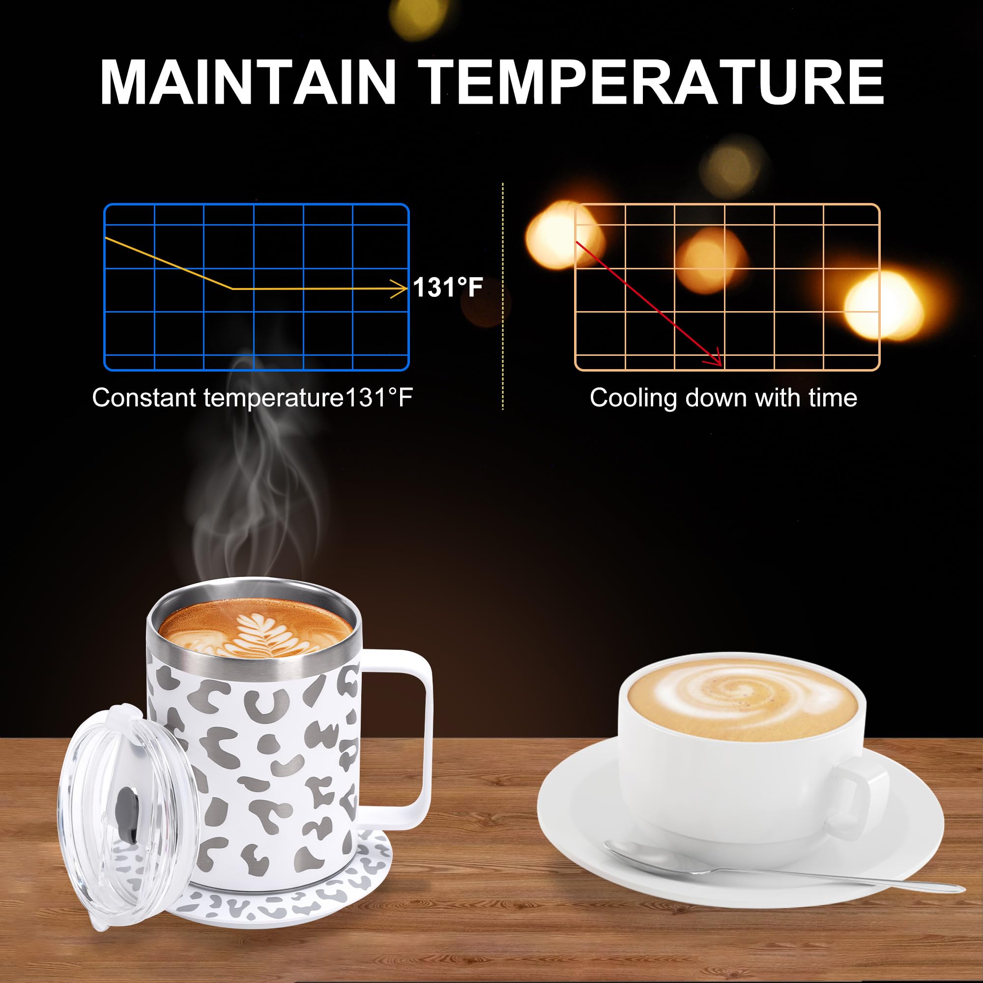 Coffee Mug Warmer with Cup Included,350ml/12oz Stainless Steel Heated Mug,Self-Heating Coffee Mug for Desk,131℉ Coffee Beverage Cup Warmer Set,Appreciation Gifts (Blue & Leopard Print)