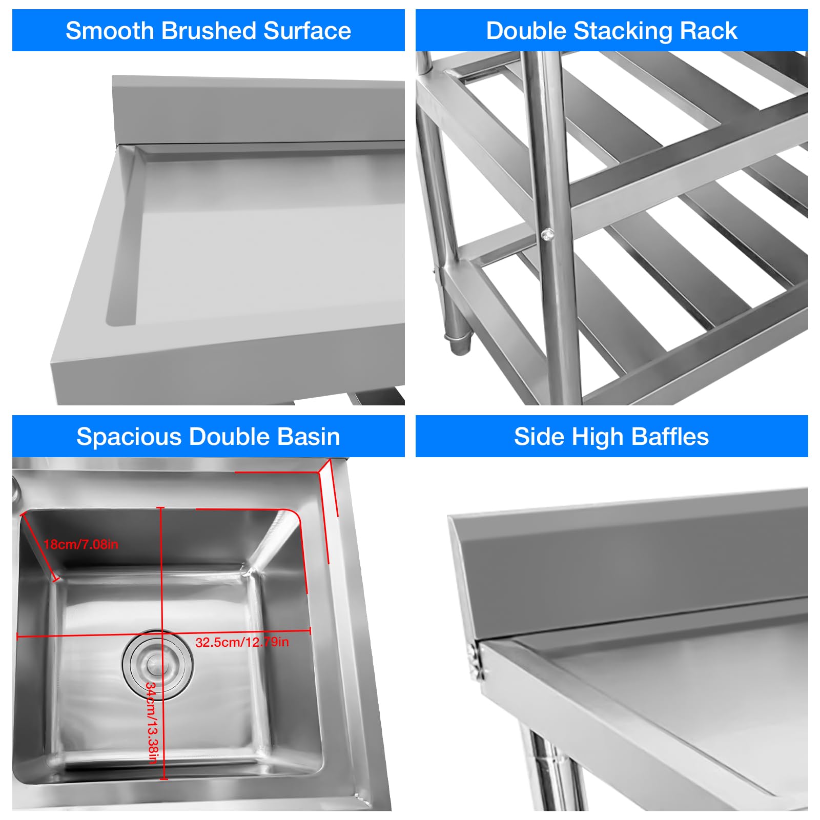 DuyviSteil Commercial Restaurant Sink Stainless Steel Utility Sink Free-standing Kitchen Sink, Freestanding Outdoor Sink with Pull-Out Faucet(Double Bowl)