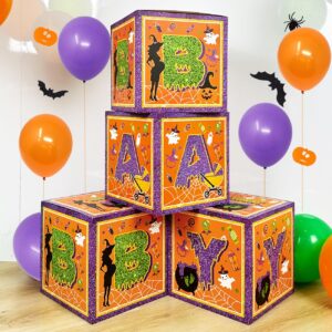a baby is brewing halloween baby showers decorations, 4 pcs baby balloon boxes purple green baby letter blocks for halloween baby shower a baby is brewing party decorations supplies