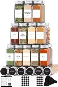 glass spice jars with label and organizer - minimalist collection - clear empty 4 oz spice jars with labels, spice seasoning containers jars with labels, small spice bottles jars set with shaker lids