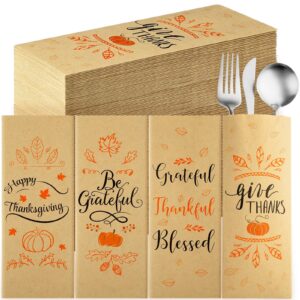 sliner 200 pcs thanksgiving cutlery holders thanksgiving kraft paper silverware bags utensil holders for diy thanksgiving party decorations autumn fall harvest party favor supply table decoration