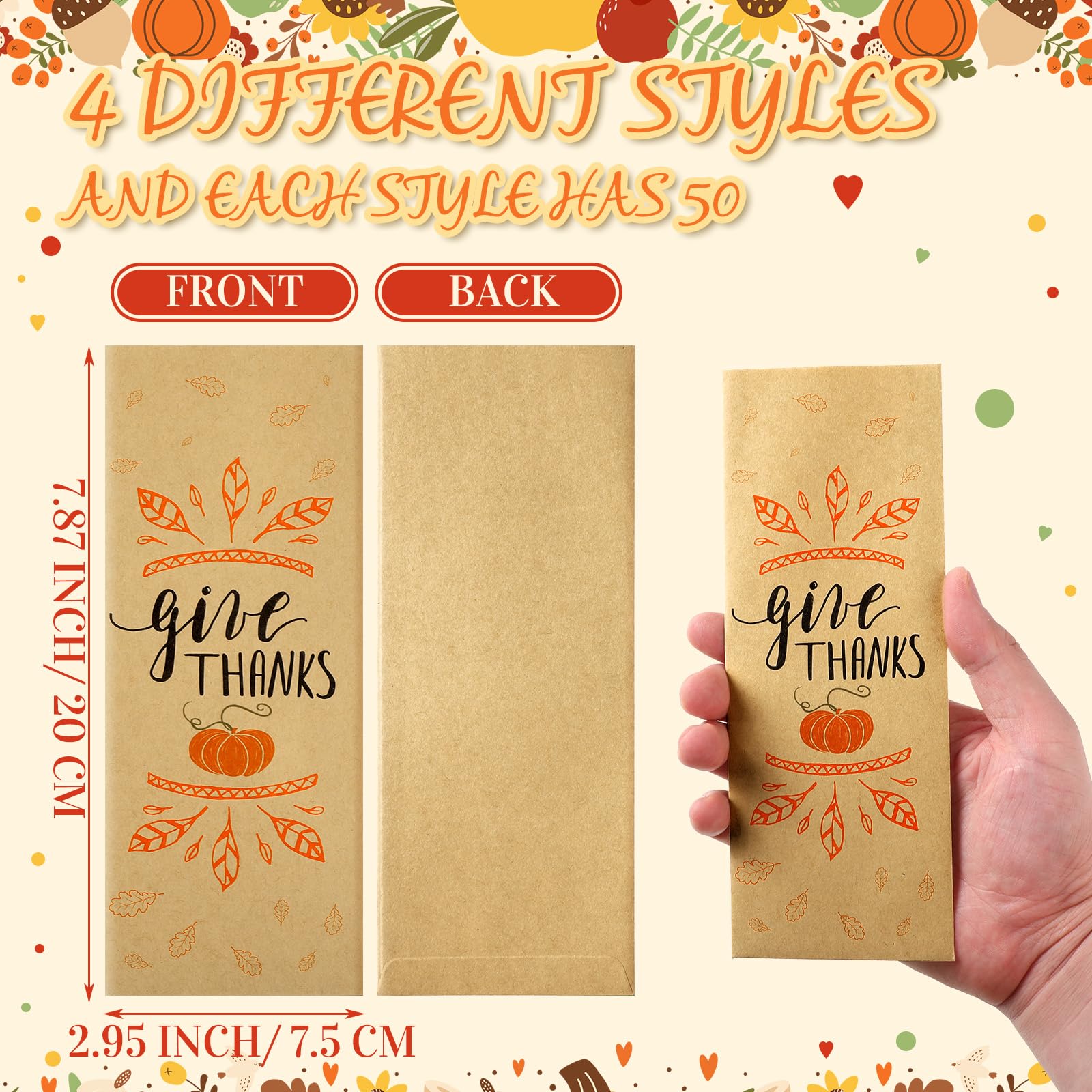 Sliner 200 Pcs Thanksgiving Cutlery Holders Thanksgiving Kraft Paper Silverware Bags Utensil Holders for DIY Thanksgiving Party Decorations Autumn Fall Harvest Party Favor Supply Table Decoration