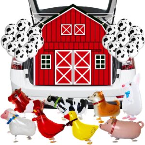 preboun halloween farm theme trunk or treat decorations for cars red barn door backdrop with 8 pack walk animal balloons 25 pack cow balloons for halloween archway garage decorations