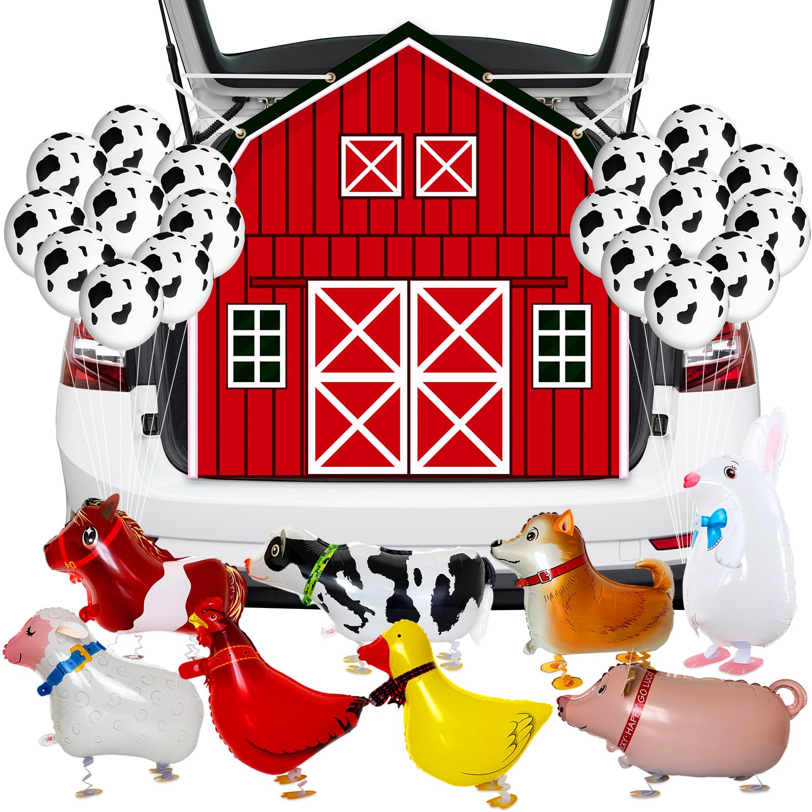 Preboun Halloween Farm Theme Trunk or Treat Decorations for Cars Red Barn Door Backdrop with 8 Pack Walk Animal Balloons 25 Pack Cow Balloons for Halloween Archway Garage Decorations