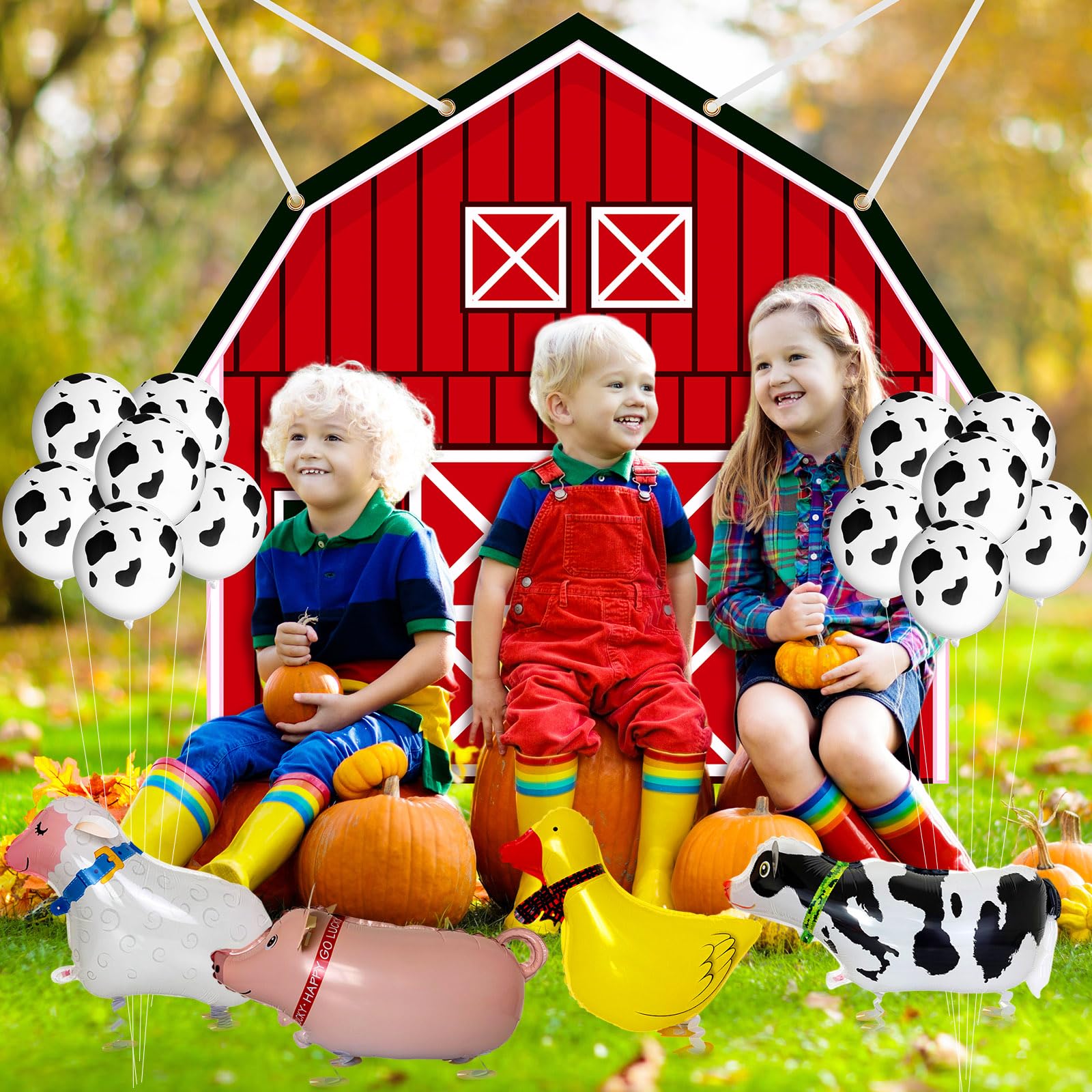 Preboun Halloween Farm Theme Trunk or Treat Decorations for Cars Red Barn Door Backdrop with 8 Pack Walk Animal Balloons 25 Pack Cow Balloons for Halloween Archway Garage Decorations