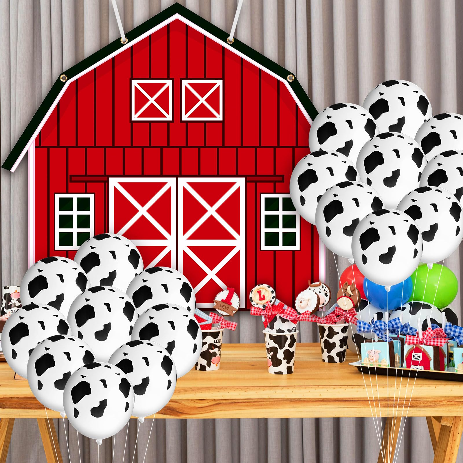 Preboun Halloween Farm Theme Trunk or Treat Decorations for Cars Red Barn Door Backdrop with 8 Pack Walk Animal Balloons 25 Pack Cow Balloons for Halloween Archway Garage Decorations