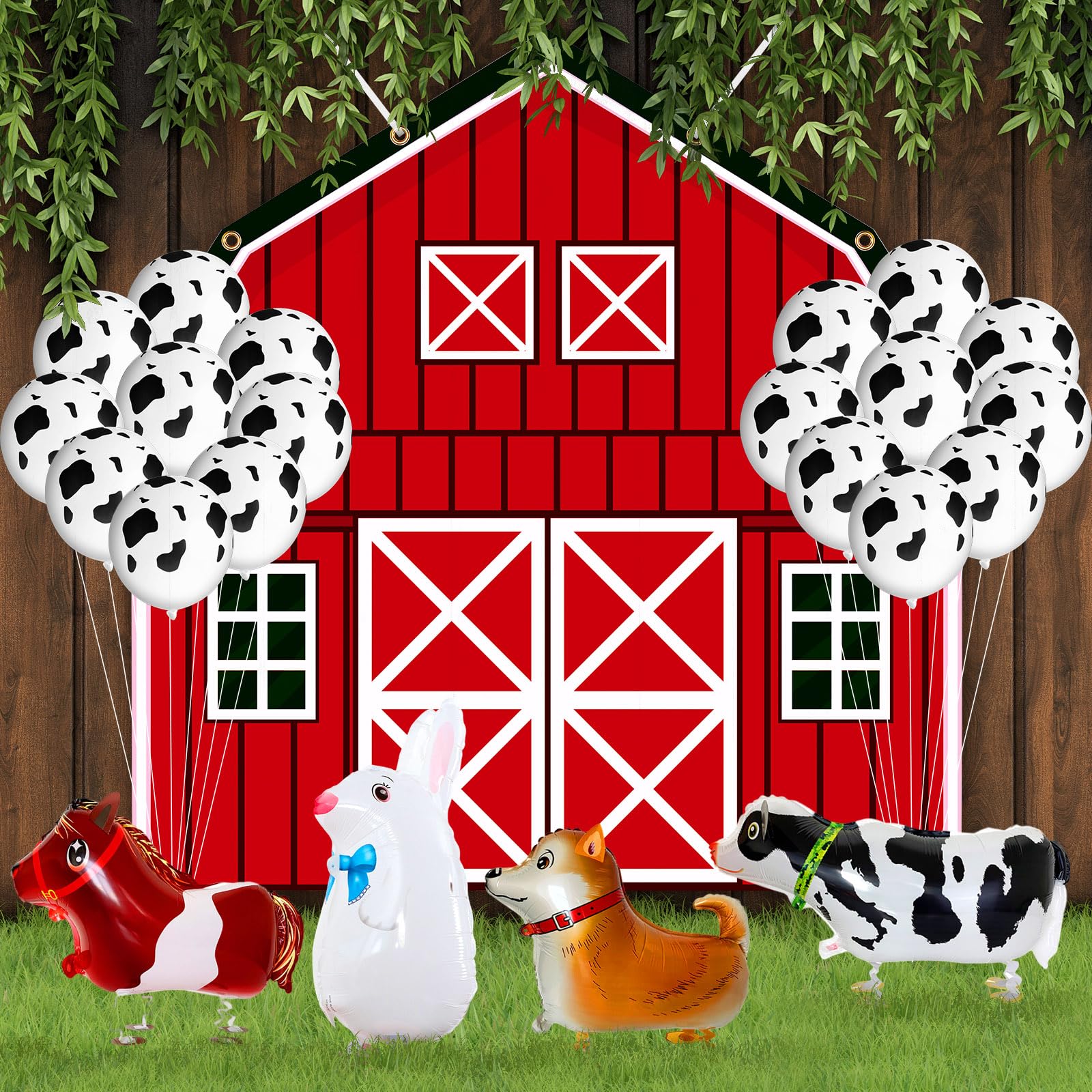 Preboun Halloween Farm Theme Trunk or Treat Decorations for Cars Red Barn Door Backdrop with 8 Pack Walk Animal Balloons 25 Pack Cow Balloons for Halloween Archway Garage Decorations