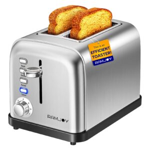ramjoy toaster 2 slice, extra-wide slot toasters for bagels, bread, waffles, 7 shade settings, 4 main functions, removable crumb tray, 900 watts, brushed stainless steel