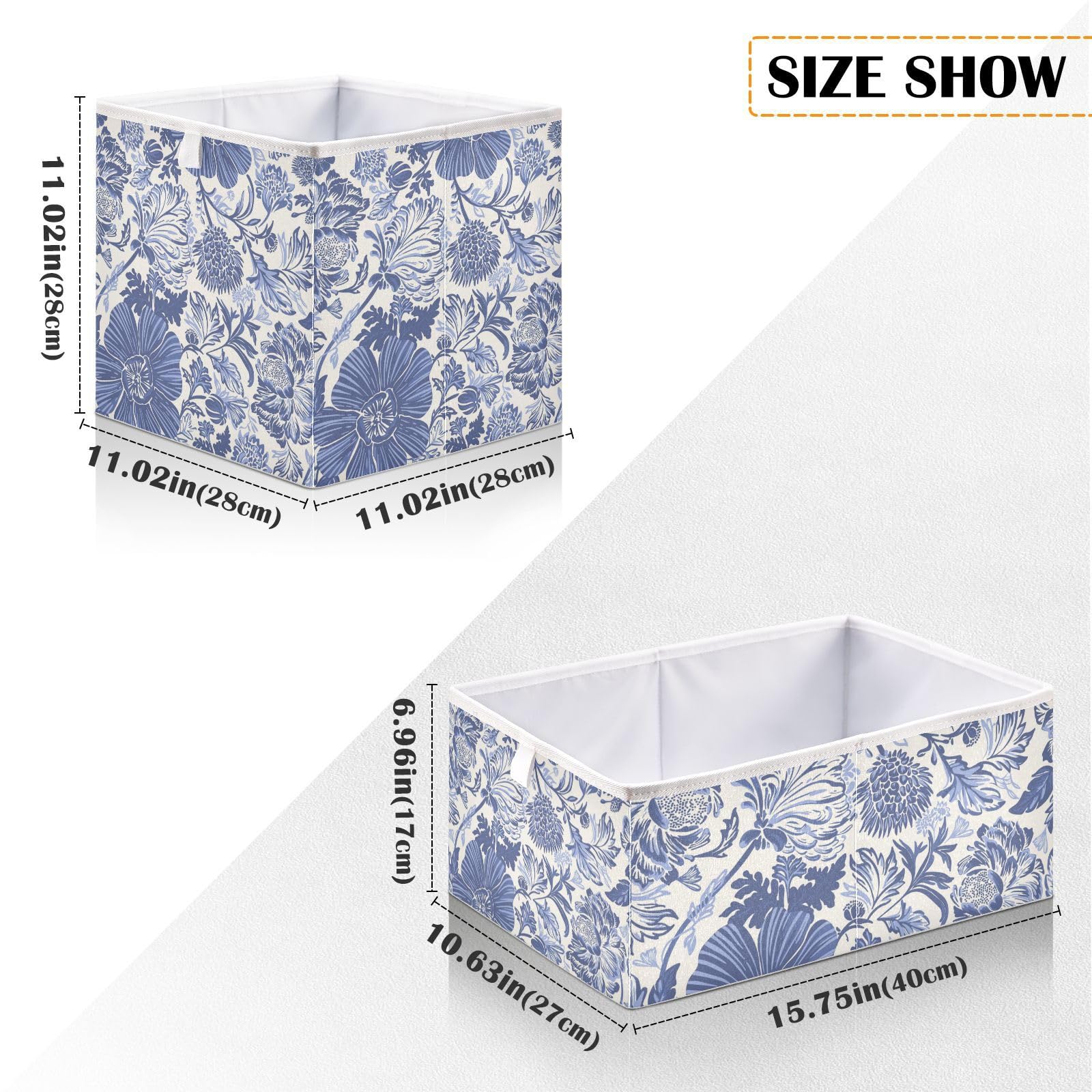 Kigai Fabric Cube Storage Bins Foldable Storage Box Waterproof Storage Cubes Organizer with Handles Storage Basket for Shelves, Home, Office, Nursery, 11"x11"x11", Blue Flowers