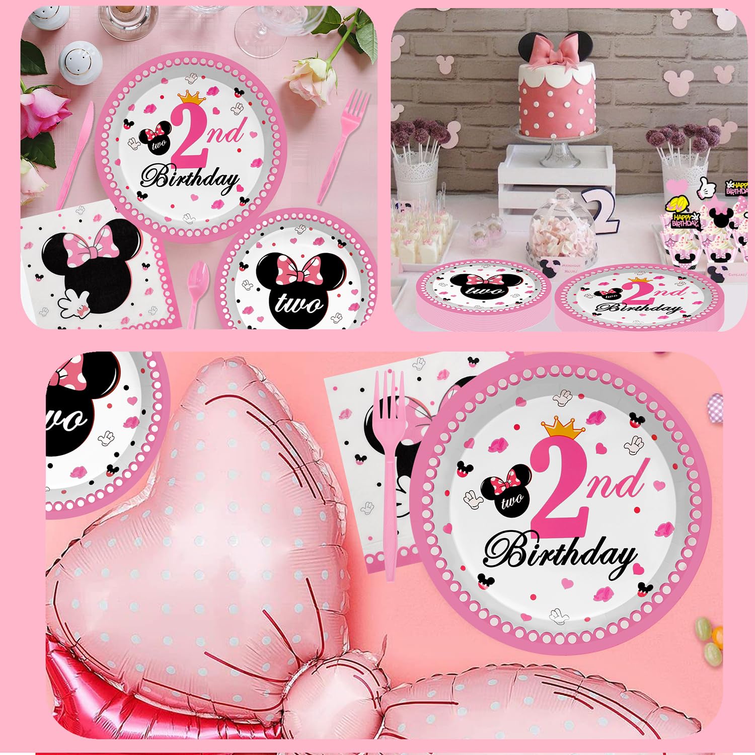 Mouse Birthday Party Supplies-96pcs Twodles Birthday Decorations girl Mouse Party Favors Pink Mouse Plates and Napkins Forks for Minnie Mouse Themed 2nd Birthday Party Decoration supplies