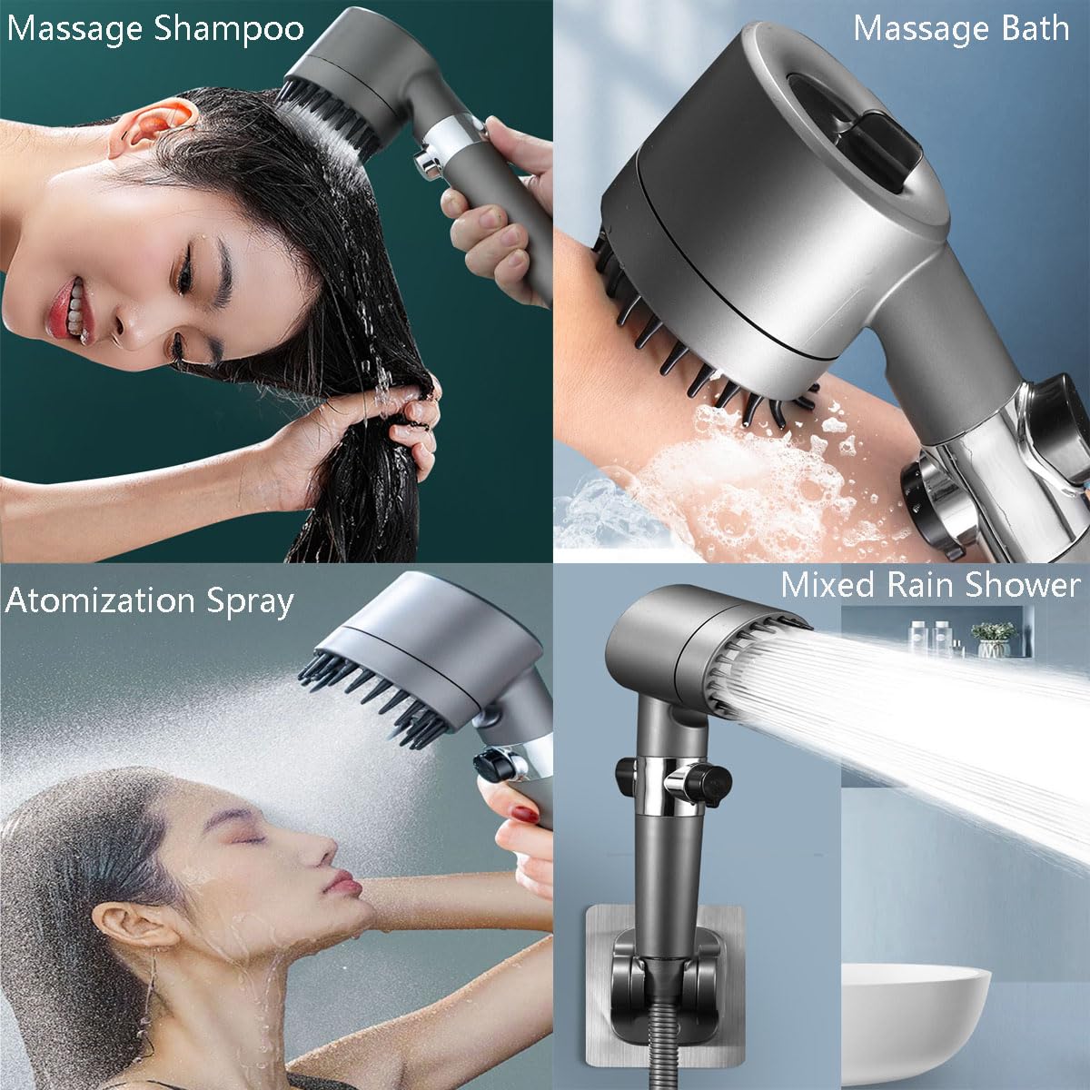 Handheld Shower Head with Filter, High Pressure 3 Spray Mode Showerhead with Switch, High Pressure Shower Head with Brush for Massaging The Scalp-International 4-Point Interface.