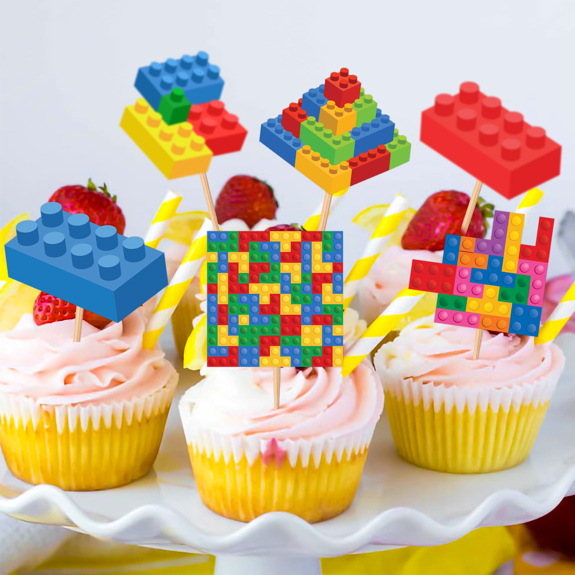 25 PCS Building Blocks Block Theme Happy Themed Birthday Party Cake Topper Cupcake Toppers Favors Supplies Decorations Decor Construction Gifts for Games Boys Girls Kids Baby Shower Rewards Carnival