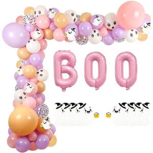 halloween balloon arch garland kit, 129pcs 18" 10" 5" pink purple balloons decorations with boo fiol balloon ghost-pattern cards for halloween baby shower decorations halloween day party supplies