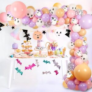 Halloween Balloon Arch Garland Kit, 129pcs 18" 10" 5" Pink Purple Balloons Decorations with BOO Fiol Balloon Ghost-pattern Cards for Halloween Baby Shower Decorations Halloween Day Party Supplies