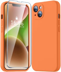 vooii compatible with iphone 14 plus case with screen protector, upgraded liquid silicone with [camera protection] [soft anti-scratch microfiber lining] phone case for iphone 14 plus - bright orange