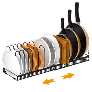 pots and pans organizer, expandable pot and pan organizer for cabinet, pan organizer rack for cabinet with 10 adjustable dividers, pot lid organizer, black pot organizer rack for under cabinet