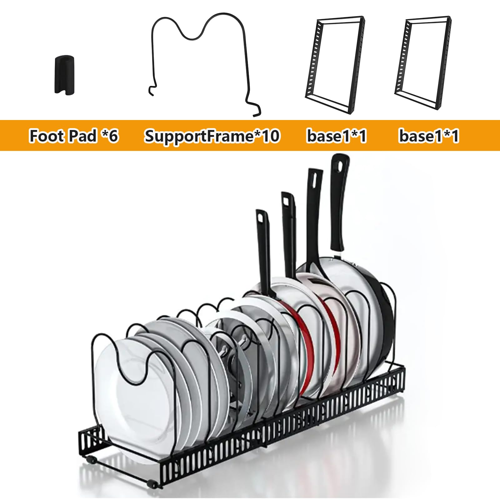 Pots and Pans Organizer, Expandable Pot and Pan Organizer for Cabinet, Pan Organizer Rack for Cabinet with 10 Adjustable Dividers, Pot Lid Organizer, Black Pot Organizer Rack for Under Cabinet