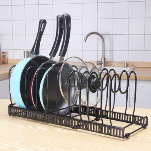 Pots and Pans Organizer, Expandable Pot and Pan Organizer for Cabinet, Pan Organizer Rack for Cabinet with 10 Adjustable Dividers, Pot Lid Organizer, Black Pot Organizer Rack for Under Cabinet