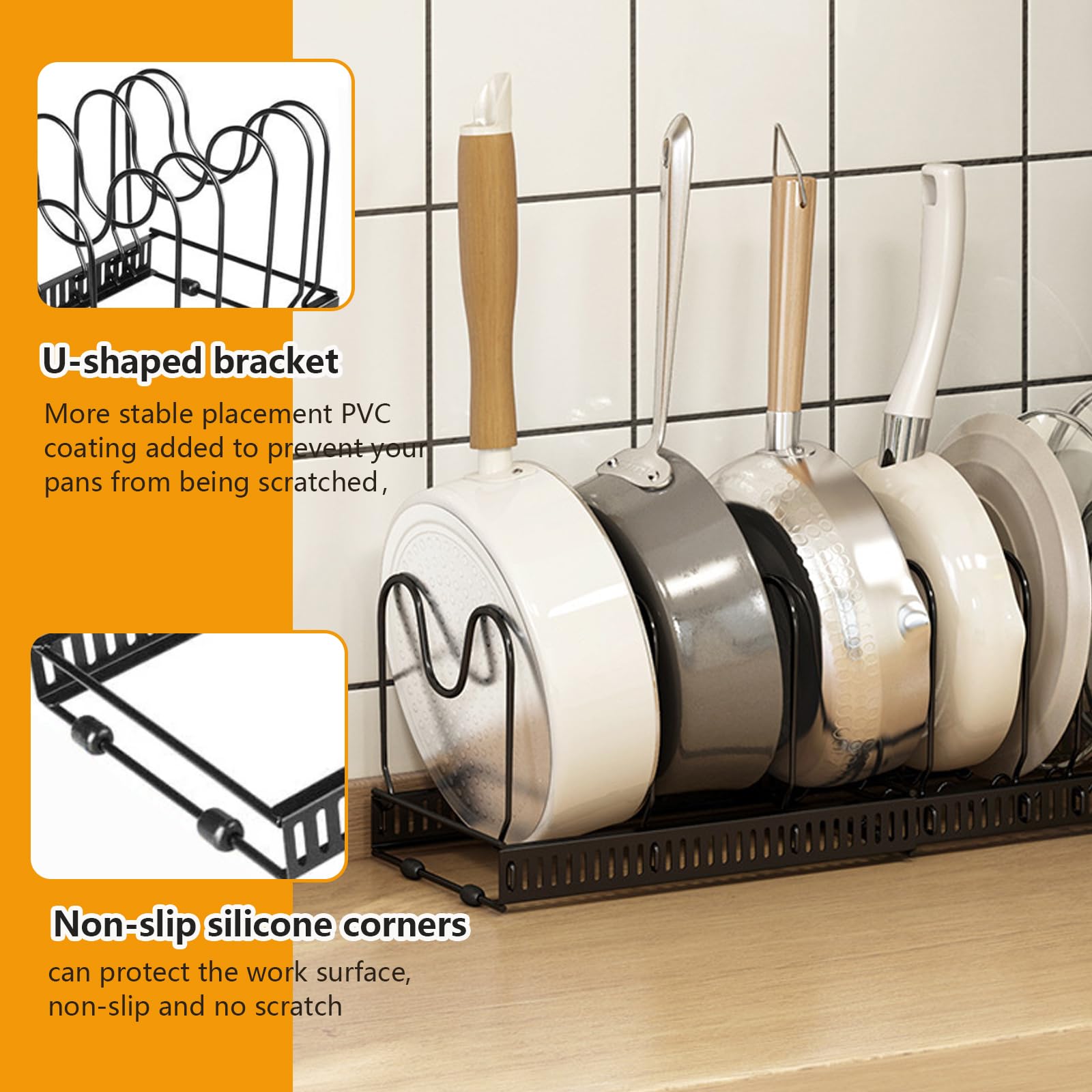 Pots and Pans Organizer, Expandable Pot and Pan Organizer for Cabinet, Pan Organizer Rack for Cabinet with 10 Adjustable Dividers, Pot Lid Organizer, Black Pot Organizer Rack for Under Cabinet