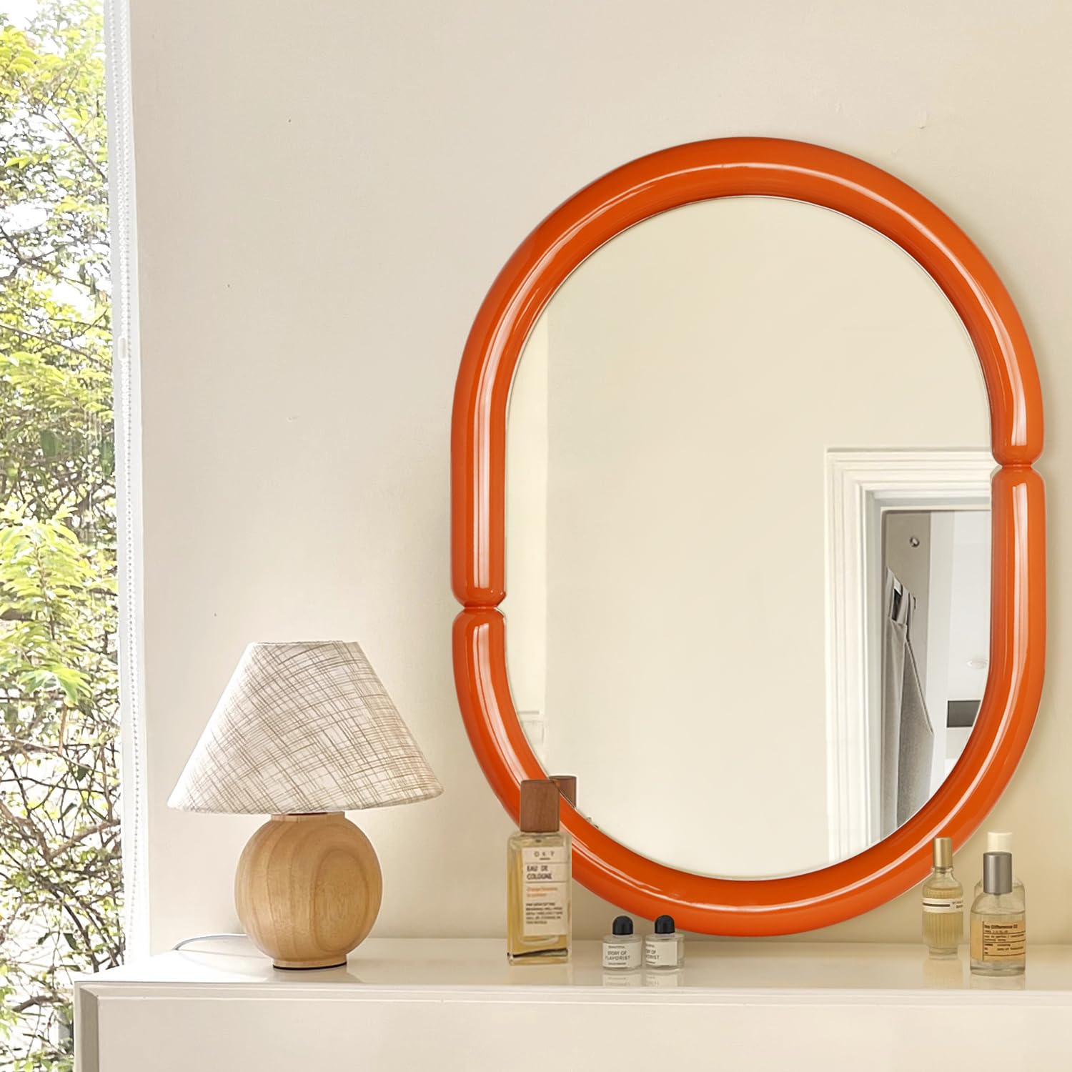 H-A Oval Solid Wood Vanity Mirror Bagel Shaped Wall Mounted Mirror High-end for Bedroom Bathroom Wall Decor